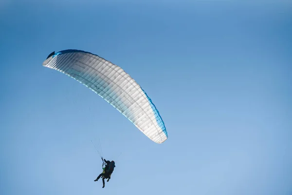 Paraglider Den Blå Himlen Den Idrottsman Som Flyger Paraglider — Stockfoto