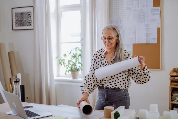 Woman Architect Pulling Rolled Blueprints Out Tube Office — Stock Photo, Image
