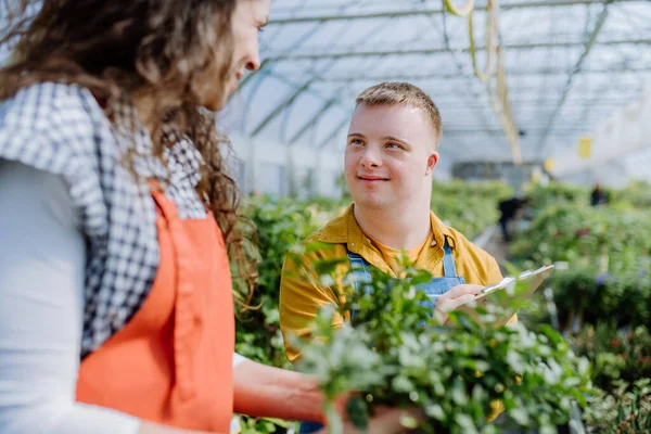 Doświadczona Kobieta Kwiaciarnia Pomaga Młody Pracownik Zespołem Downa Centrum Ogrodu — Zdjęcie stockowe