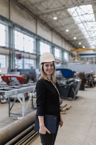 Portrait Female Chief Engineer Modern Industrial Factory Holding Tablet Stock Image