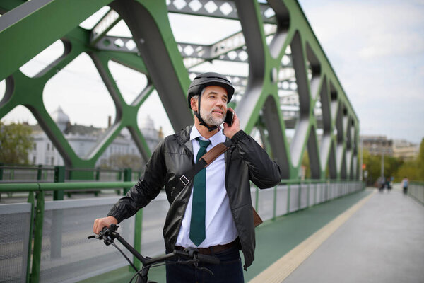 Portrait Businessman Commuter Way Work Pushing Bike Calling Mobile Phone Stock Image