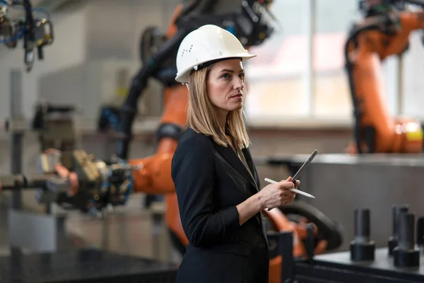 Portrait Female Chief Engineer Modern Industrial Factory Using Tablet — Photo