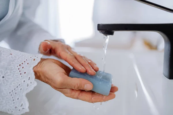 Close Woman Washing Hands Natural Lavender Soap Ecological Sustainable Lifestyle — Stockfoto