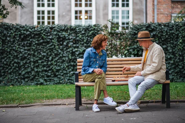 Egy Boldog Nyugdíjas Pár Padon Sakkoznak Parkban — Stock Fotó