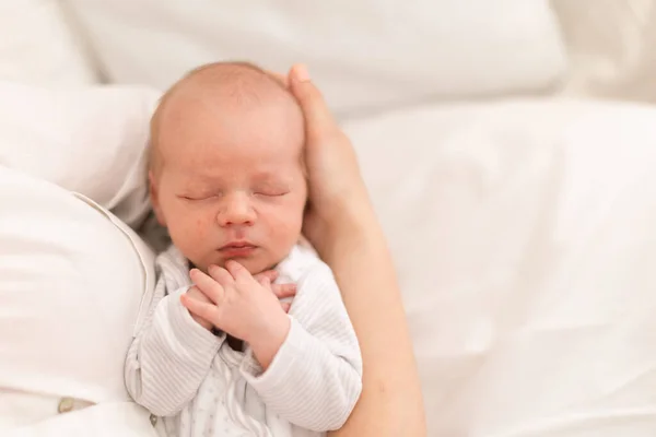 Eine Unkenntliche Mutter Hält Ihren Neugeborenen Sohn Nahaufnahme Hause — Stockfoto
