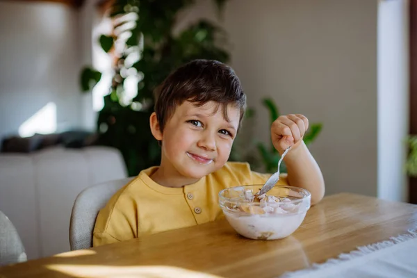 Gülümseyen Bir Çocuğun Portresi Evdeki Mutfakta Kahvaltının Tadını Çıkarıyor — Stok fotoğraf