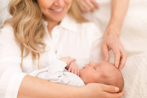 Close Mother Father Holding Newborn Baby Son Home — Stock Photo, Image