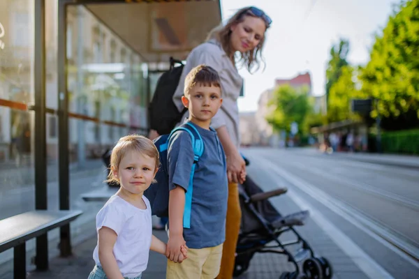 Egy Fiatal Anya Ingázik Kisgyerekekkel Iskolába Menet Buszra Vár Városban — Stock Fotó