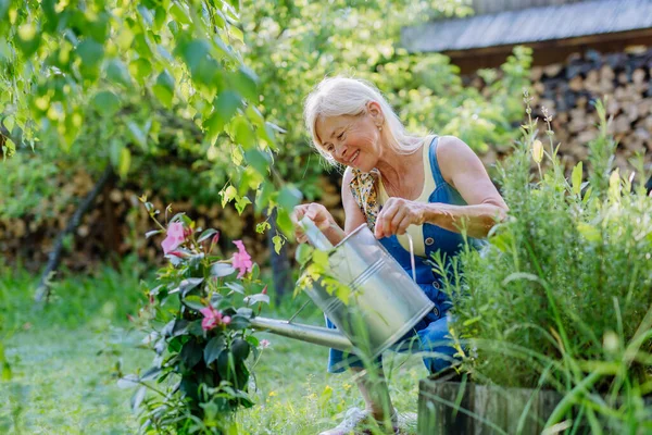 Happy Senior Woman Taking Care Flowers Outdoors Garden Watering Can — Stock Photo, Image