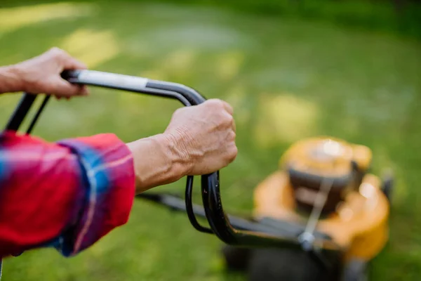 Close Elderly Woman Mowing Grass Lawn Mower Garden Garden Work — Stock Photo, Image