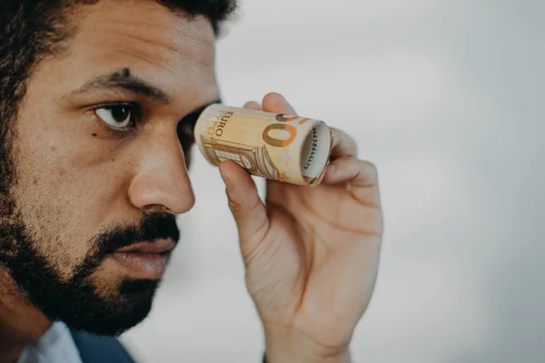 Homem Negócios Deprimido Segurando Notas Tubo Conceito Inflação — Fotografia de Stock