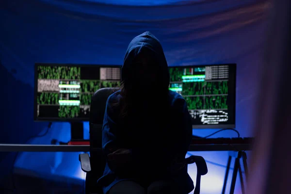 Hooded Anonymous Hacker Computer Dark Room Night Cyberwar Concept — Zdjęcie stockowe