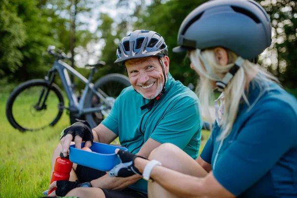 夏の公園で自転車に乗って休息し 草の上に座って軽食をとるアクティブなシニアカップル — ストック写真