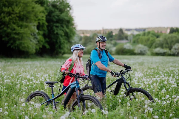 夏の牧草地で電動自転車を持つアクティブなシニアカップル 健康的なライフスタイルのコンセプト — ストック写真