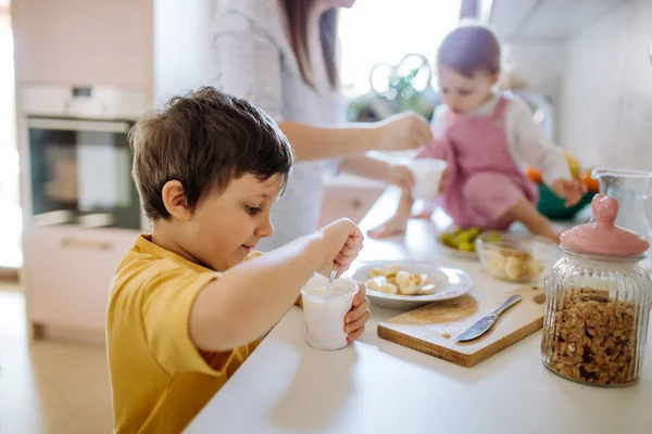 Мати Двох Маленьких Дітей Готує Сніданок Кухні Вдома — стокове фото