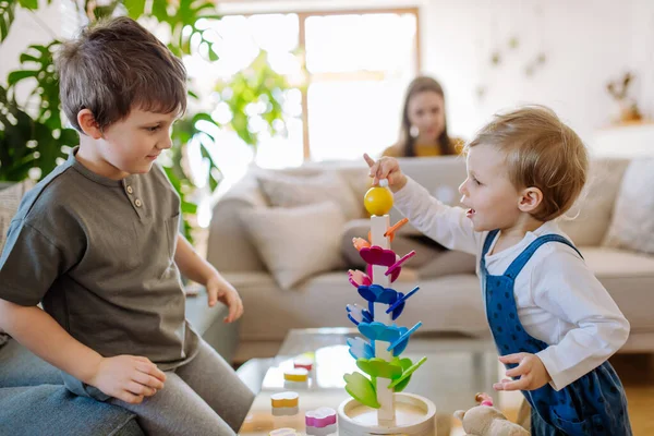 Küçük Kardeşler Montessori Ahşap Mermerle Oynuyorlar Oturma Odasında Koşuyorlar Anneleri — Stok fotoğraf