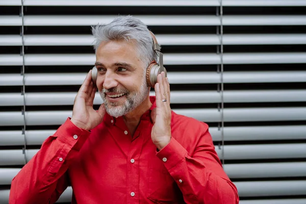 Homme Affaires Mature Profitant Musique Dans Les Écouteurs Détendre Sur — Photo