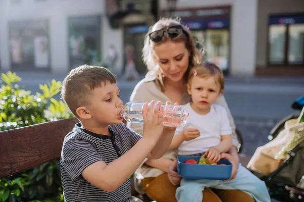 Mladá Matka Malými Dětmi Sedí Létě Lavičce Městě Ovocnou Svačinku — Stock fotografie