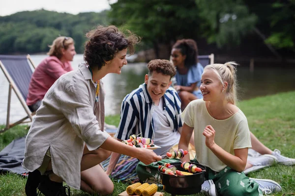 Groupe Jeunes Amis Multiraciaux Campant Camping Près Lac Ayant Barbecue — Photo