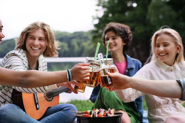 Group Multiracial Young Friends Camping Lake Having Barbecue Toasting Coctail — Stockfoto