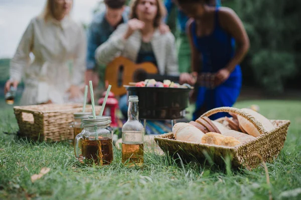 夏には湖の近くのピクニックのクローズアップ バックグラウンドで若い友人が食べるとギターを演奏 — ストック写真
