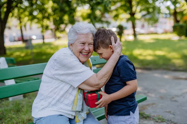 孫は公園で誕生日プレゼントを持って祖母を驚かせた ライフスタイル 家族のコンセプト — ストック写真