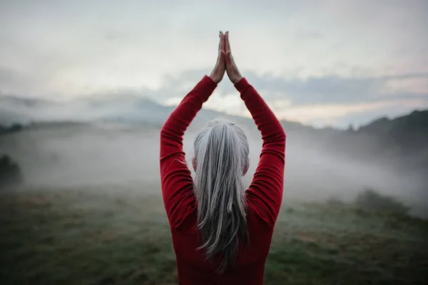 Rear View Senior Woman Doing Breathing Exercise Nature Early Morning — Stock Photo, Image