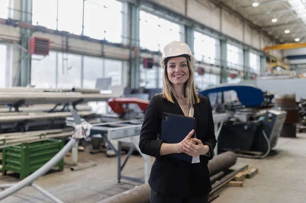 Portrait Female Chief Engineer Modern Industrial Factory Using Tablet — Photo