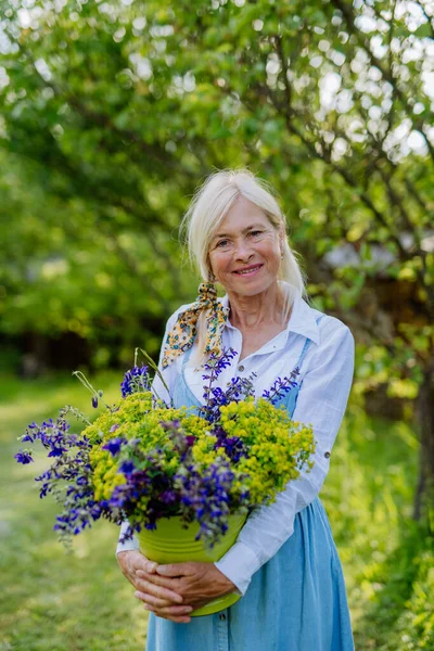 Glad Senior Kvinna Florist Som Bär Korg Med Blommor Utomhus — Stockfoto