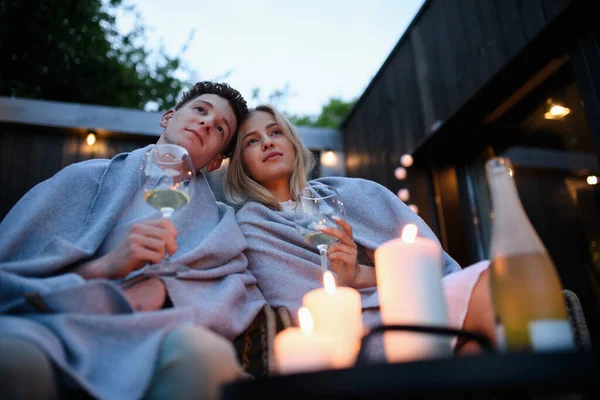 Young Couple Wine Resting Outdoors Terrace Evening Weekend Away Tiny — Stockfoto