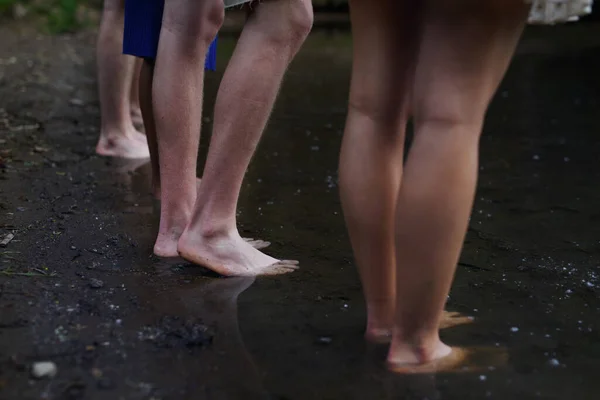 Lowsection Group Friends Standing Lake Summer — Fotografia de Stock