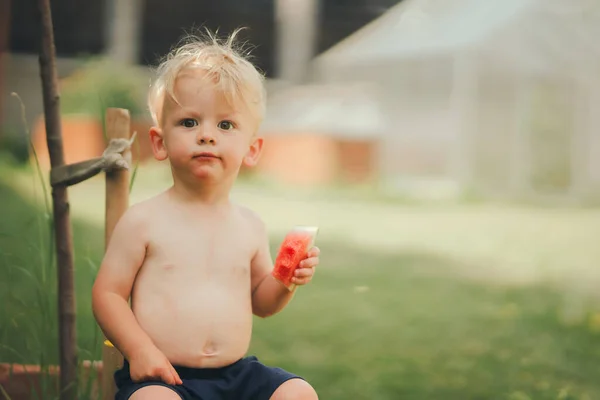 Cute Little Boy Eating Watermelon Garden Summer — Fotografia de Stock