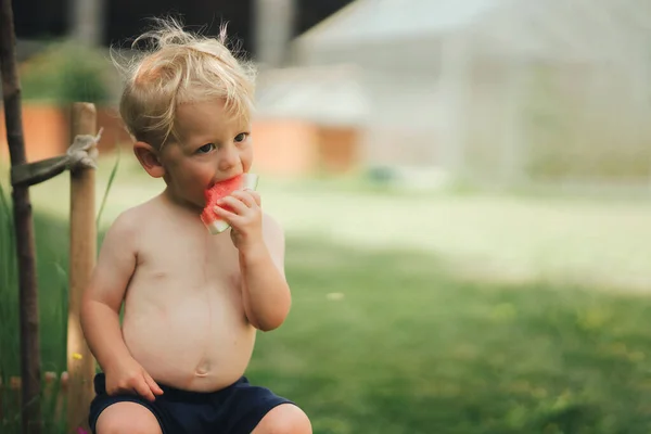 Cute Little Boy Eating Watermelon Garden Summer — Photo