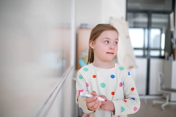 Little Schoolgirl Syndrome Standing Front Whiteboard — Stockfoto
