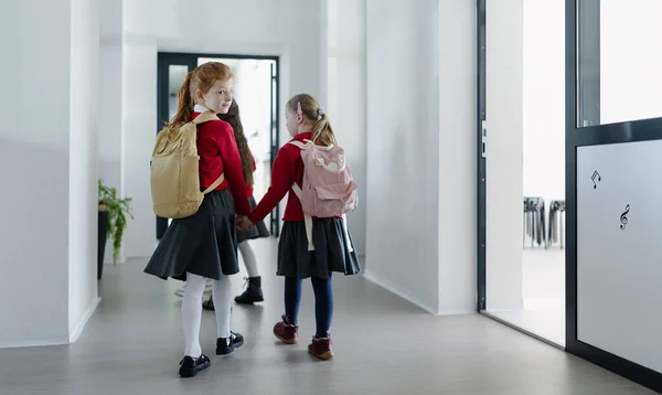 Happy Schoolgirl Syndrome Classmate Uniform Walking Scool Corridor Classmates Rear — Fotografia de Stock