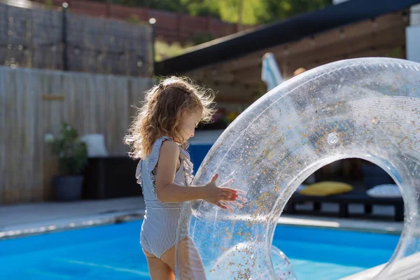 Happy Kid Having Fun Swimming Pool Inflatable Ring Summer Outdoor — Stock Fotó