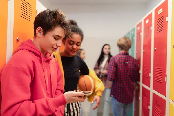 Young High School Students Standing Locker Campus Hallway Talking Using — 스톡 사진