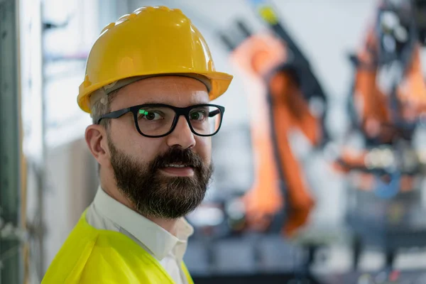 Portrait Male Chief Engineer Modern Industrial Factory Looking Camera — Stockfoto