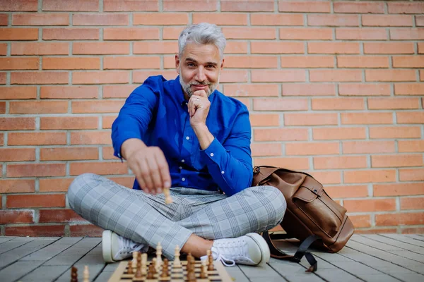 Successful Happy Businessman Sitting City Street Playing Chess — 图库照片