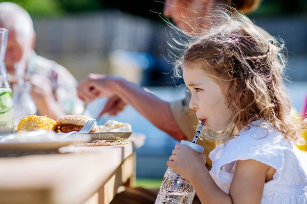 Family Eating Barbecue Party Dinner Garden Little Girl Drinking Water — Stockfoto