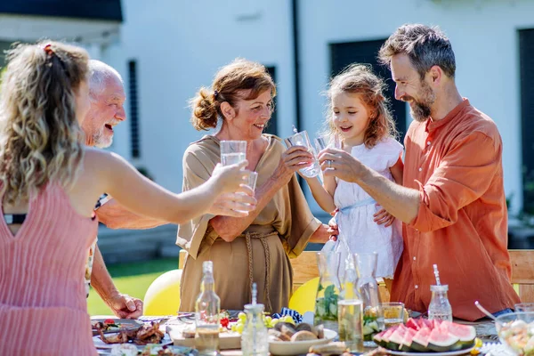 Çoklu Nesil Bir Aile Bahçe Partisi Veriyor Kadeh Kaldırıyor Gülüyor — Stok fotoğraf