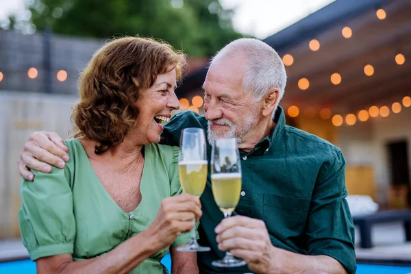 Man Number Balloons His Wife Celebrating Birthday Toasting Wine Backyard — Zdjęcie stockowe