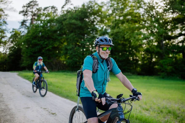 Ett Aktivt Senior Par Ridning Elektriska Cyklar Väg Sommaren Park — Stockfoto