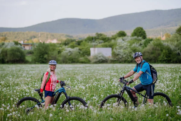 一对活跃的老夫妇在夏天的草地上骑电动车 健康的生活方式的概念 — 图库照片