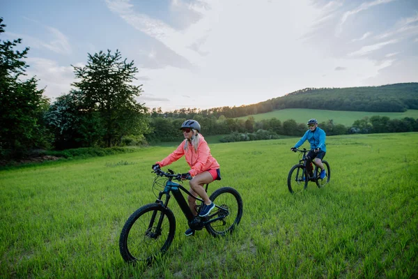 一对活跃的老夫妇骑电动自行车在夏日公园的路上 健康的生活方式的概念 — 图库照片