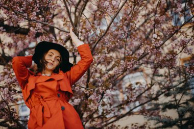 Güzel genç bir ağacın portresi Parkta çiçek açan bir ağaçla.