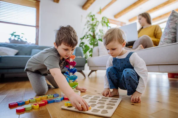 Little Siblings Playing Montessori Wooden Toys Living Room Mother Sitting — Foto de Stock