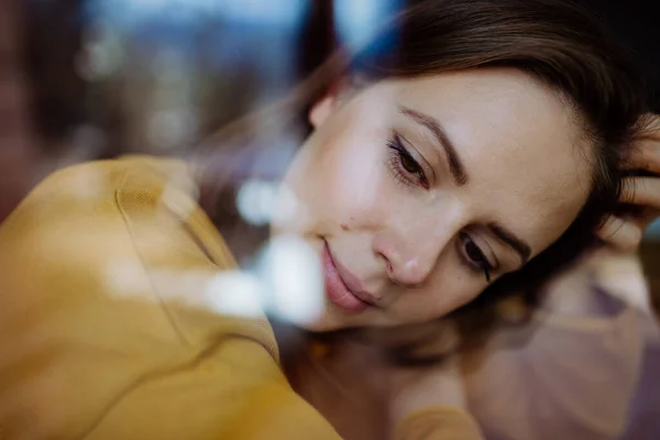 Close Portrait Happy Young Woman Resting Home Shot Window — Foto Stock