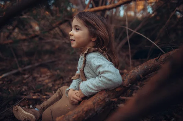 Autumn Portrait Happy Little Girl Sitting Tree Trunk Outdoors Forest — Stock Photo, Image