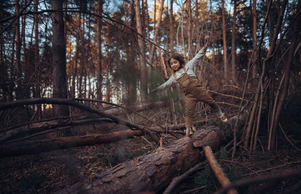 Autumn Portrait Happy Little Girl Balancing Tree Trunk Arms Outstretched — Stockfoto